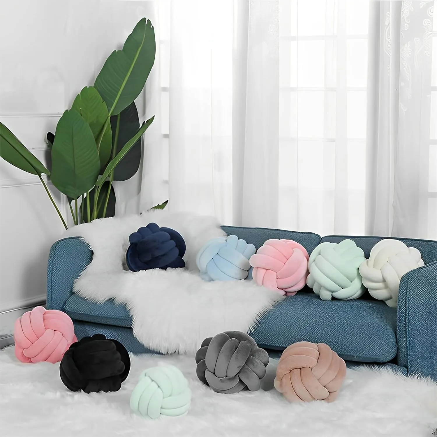 Knot Ball Pillows, Round Throw Pillow Cushion Home Decoration Soft Plush Pillow, Throw Knotted Ball Pillow Handmade Children Room Decoration Round Plush Toy Pillow (Dark Blue,8.5"/22cm)