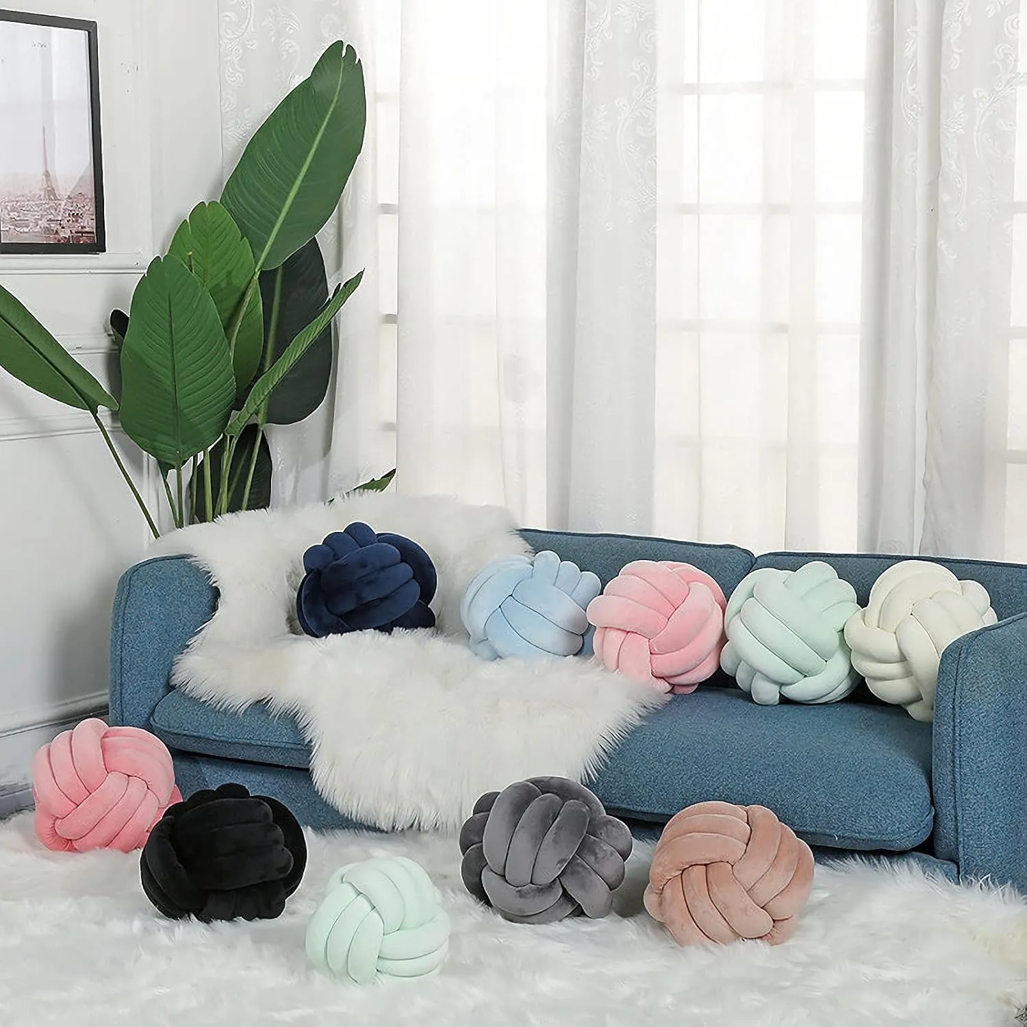 Knot Pillow Ball Round Cushion Pillows, Children Room Decoration Plush Toys Calming Stress Relief Toy (Light Blue,11in/28cm)