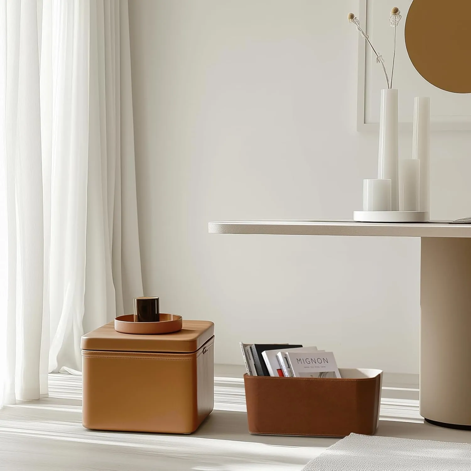 La Jolie Maison Storage Baskets with Lids, Stackable Storage Boxes Set of 2, Velvet Liner and Vegan Leather Lid, Decorative Storage Bins for Organizing Office Bedroom Shelf, Chestnut and Beige
