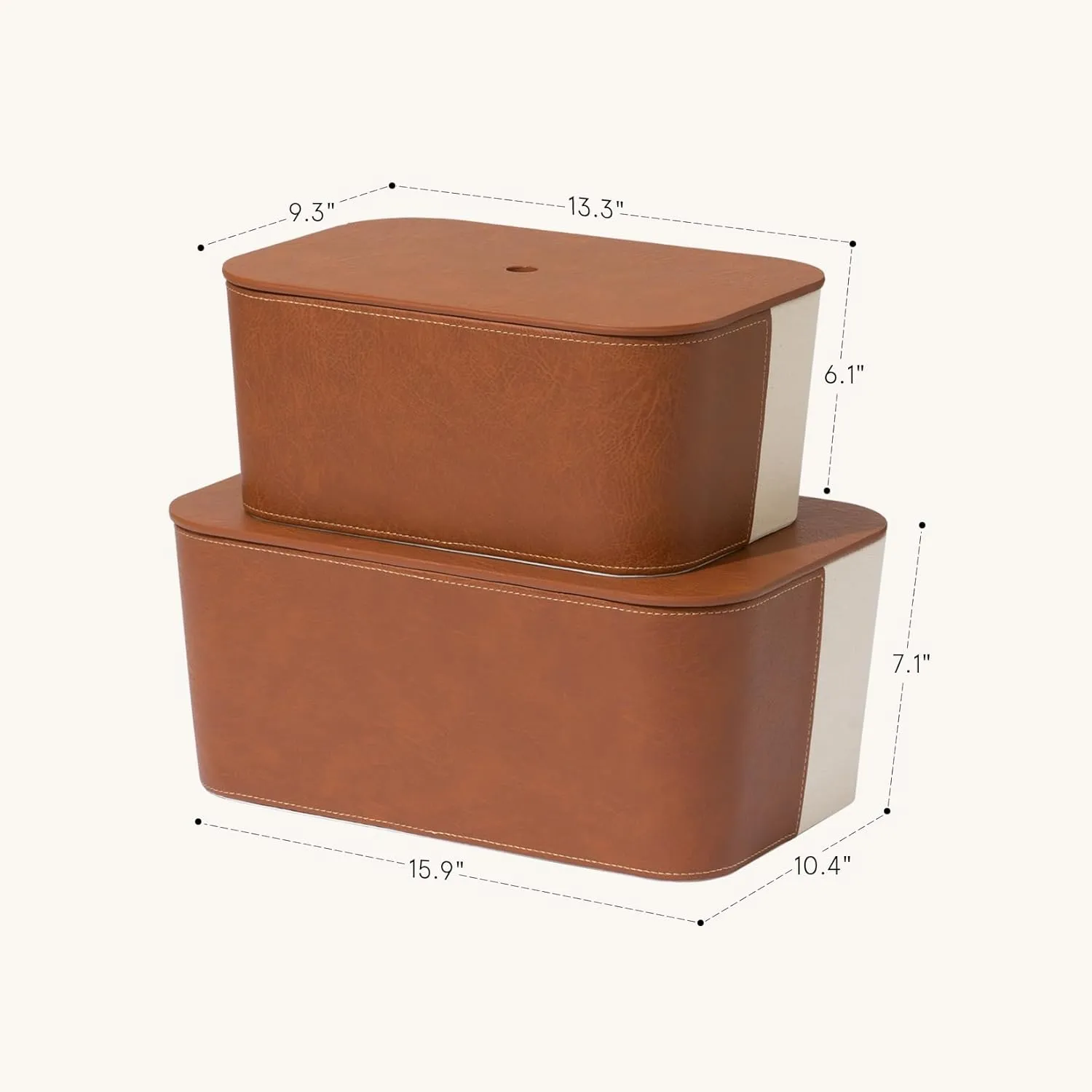 La Jolie Maison Storage Baskets with Lids, Stackable Storage Boxes Set of 2, Velvet Liner and Vegan Leather Lid, Decorative Storage Bins for Organizing Office Bedroom Shelf, Chestnut and Beige