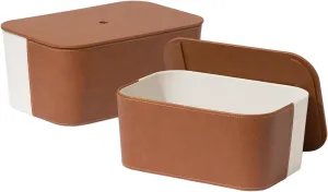 La Jolie Maison Storage Baskets with Lids, Stackable Storage Boxes Set of 2, Velvet Liner and Vegan Leather Lid, Decorative Storage Bins for Organizing Office Bedroom Shelf, Chestnut and Beige