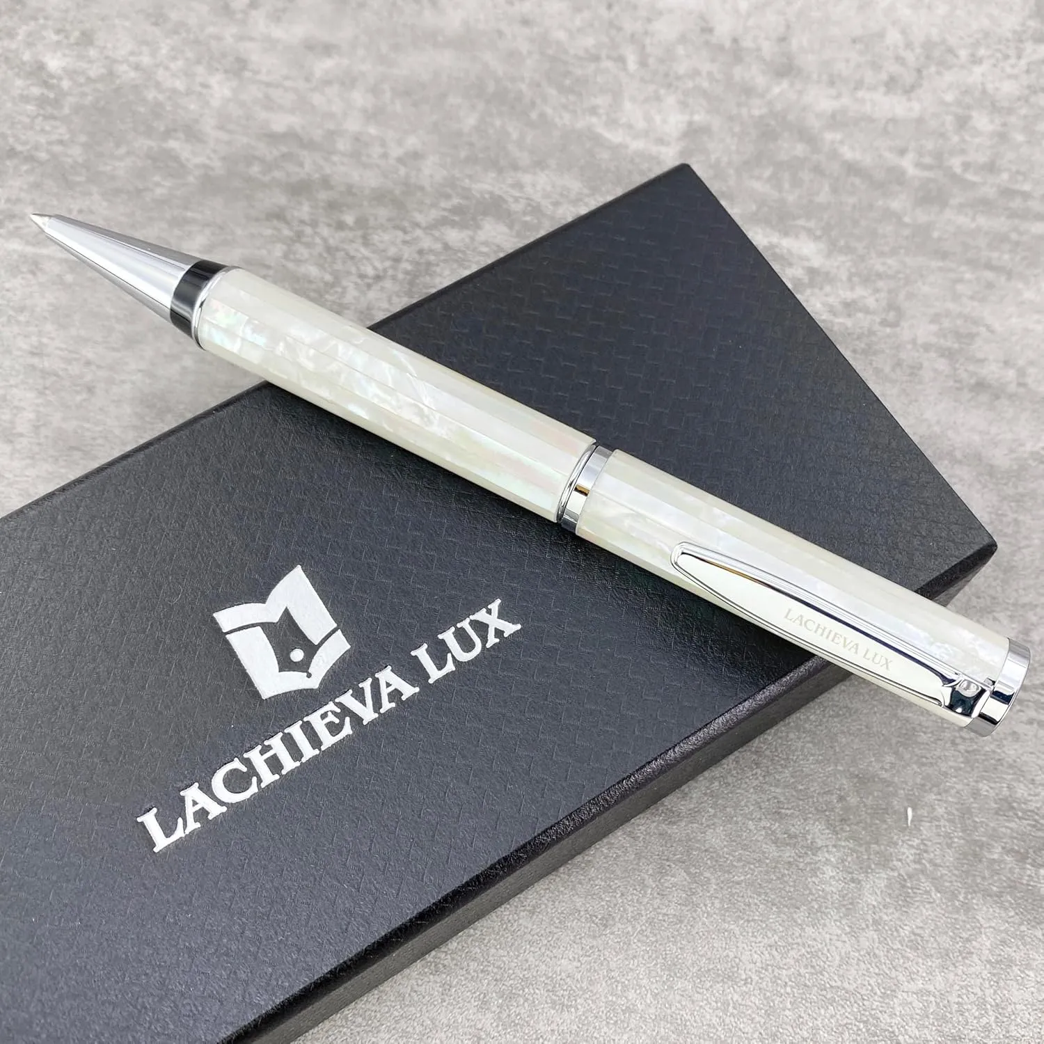 LACHIEVA LUX Stunning Handcrafted Mother of Pearl Ballpoint Pen with German P900M Refill, Luxury White Shell Gift Pen for Men and Women, Executive Writing Pen in Premium Gift Box