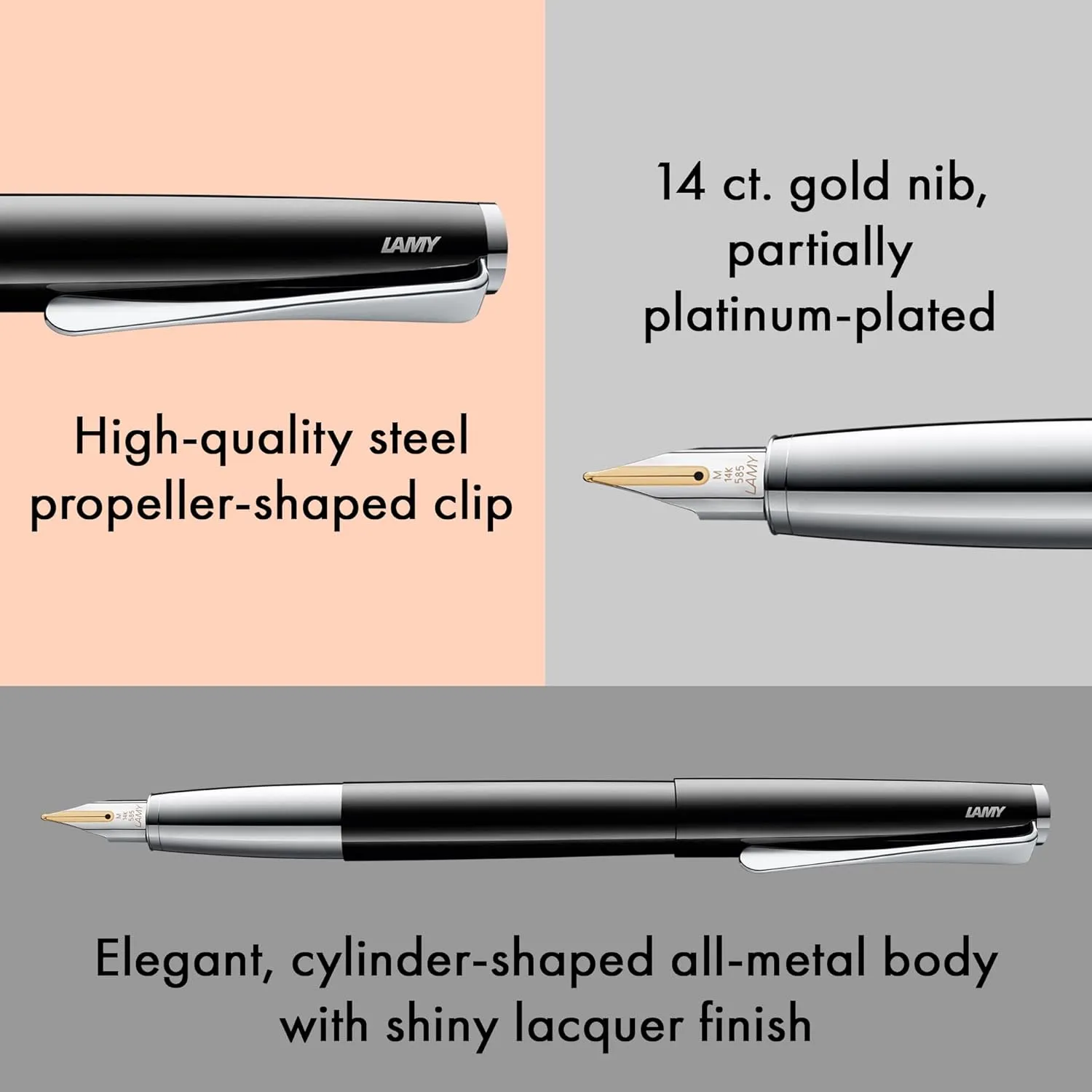 Lamy studio pianoblack - Fountain Pen in elegant metal body - 14 ct. gold nib, partially platinum-plated & in nib size EF - incl T 10 blue ink cartridge