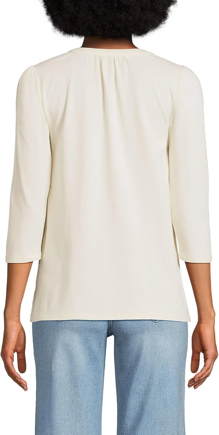 Lands' End Women's 3/4 Sleeve Lightweight Jersey Lattice Detail Shirt