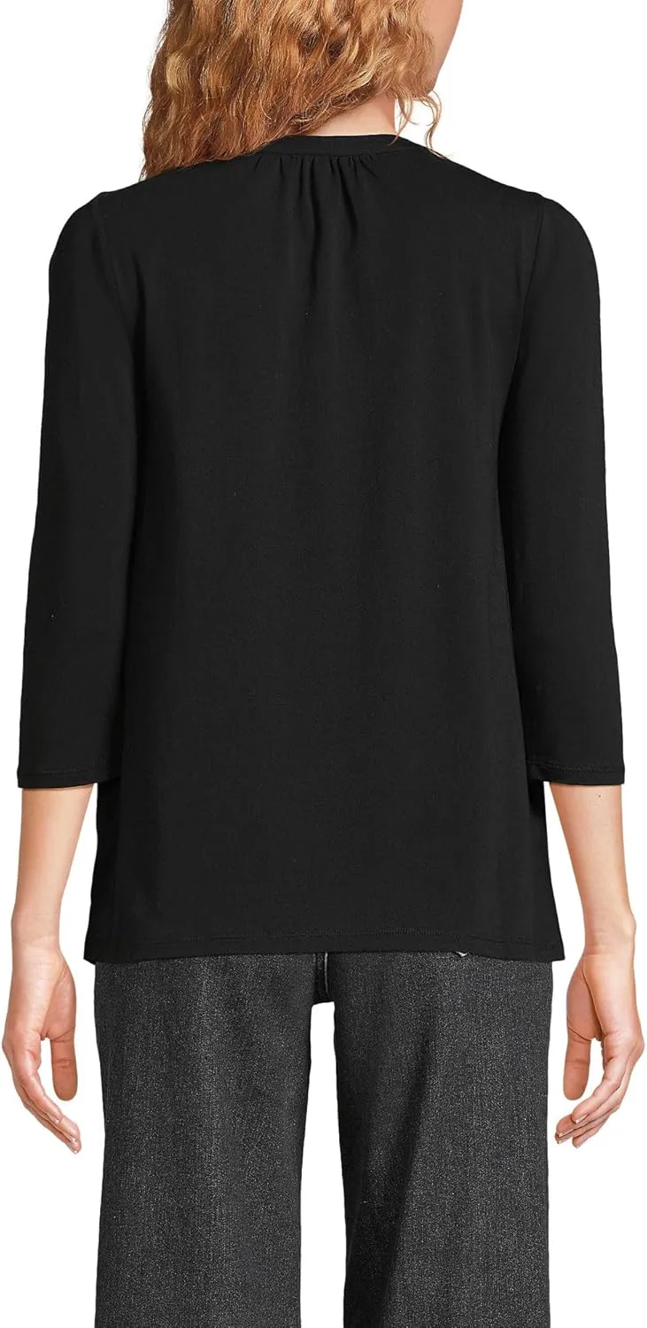 Lands' End Women's 3/4 Sleeve Lightweight Jersey Lattice Detail Shirt