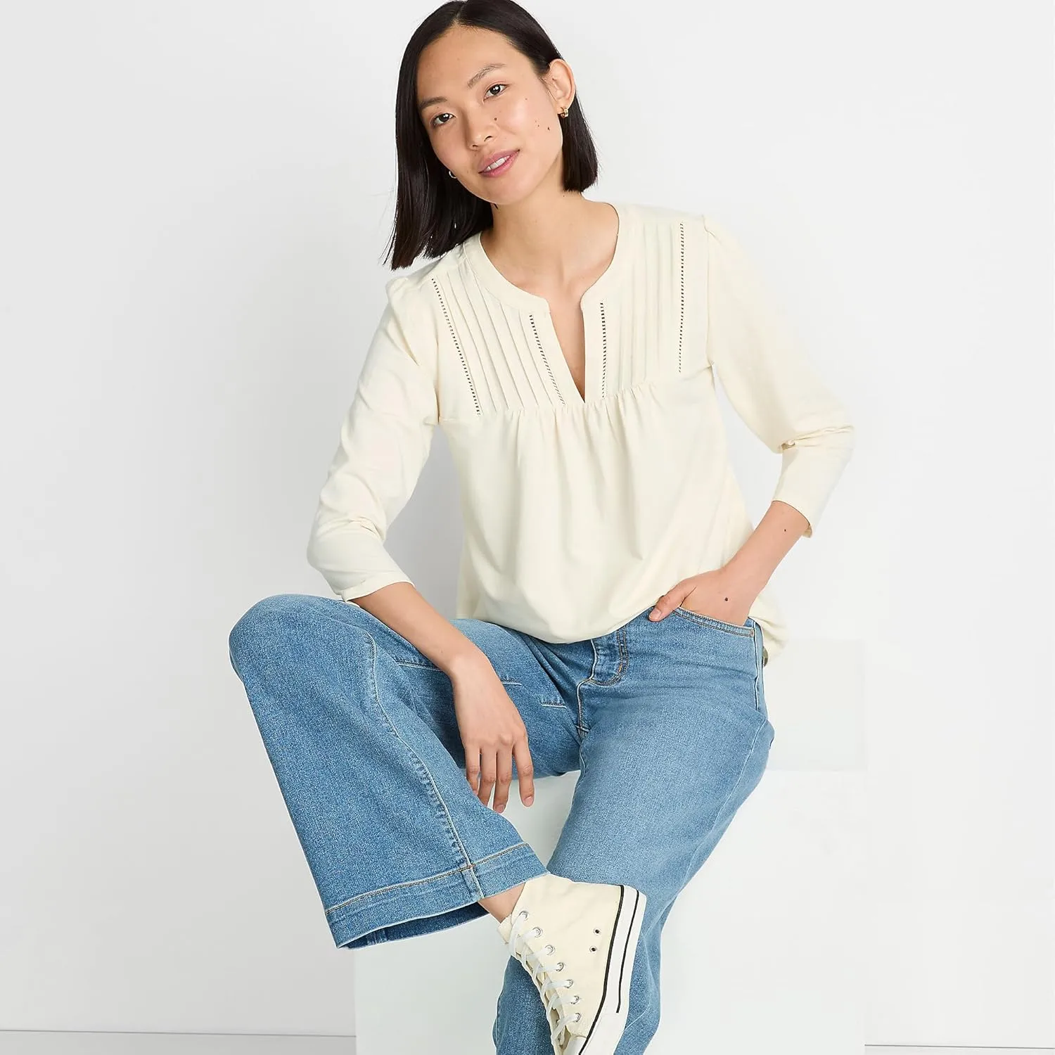 Lands' End Women's 3/4 Sleeve Lightweight Jersey Lattice Detail Shirt