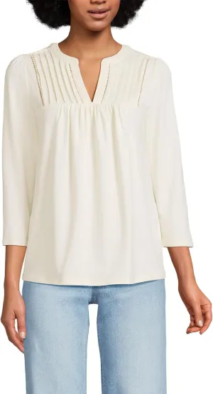 Lands' End Women's 3/4 Sleeve Lightweight Jersey Lattice Detail Shirt