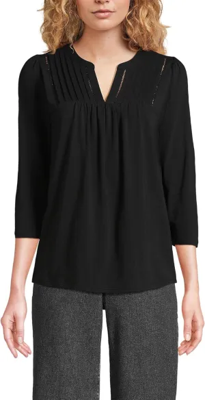 Lands' End Women's 3/4 Sleeve Lightweight Jersey Lattice Detail Shirt