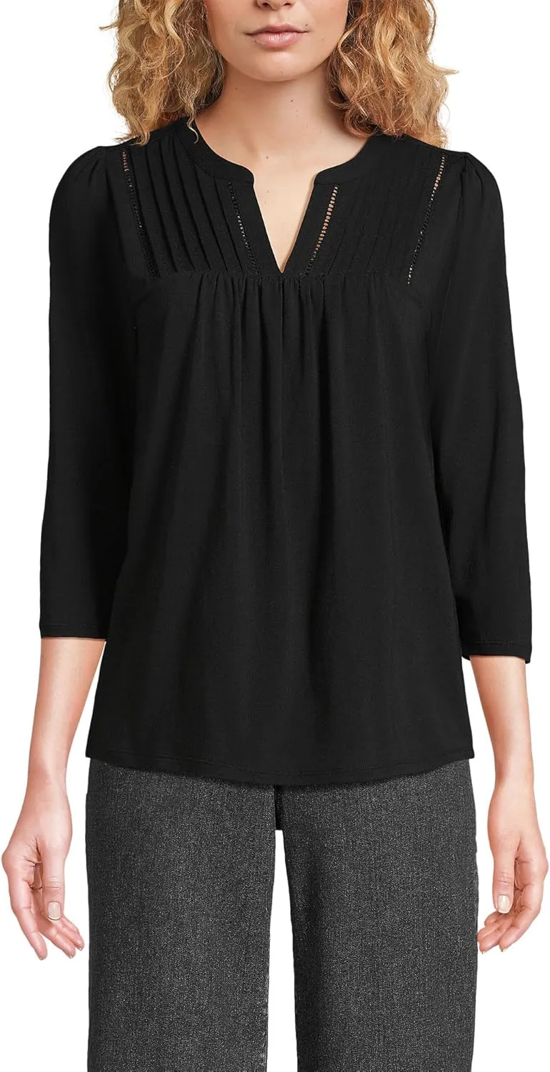 Lands' End Women's 3/4 Sleeve Lightweight Jersey Lattice Detail Shirt