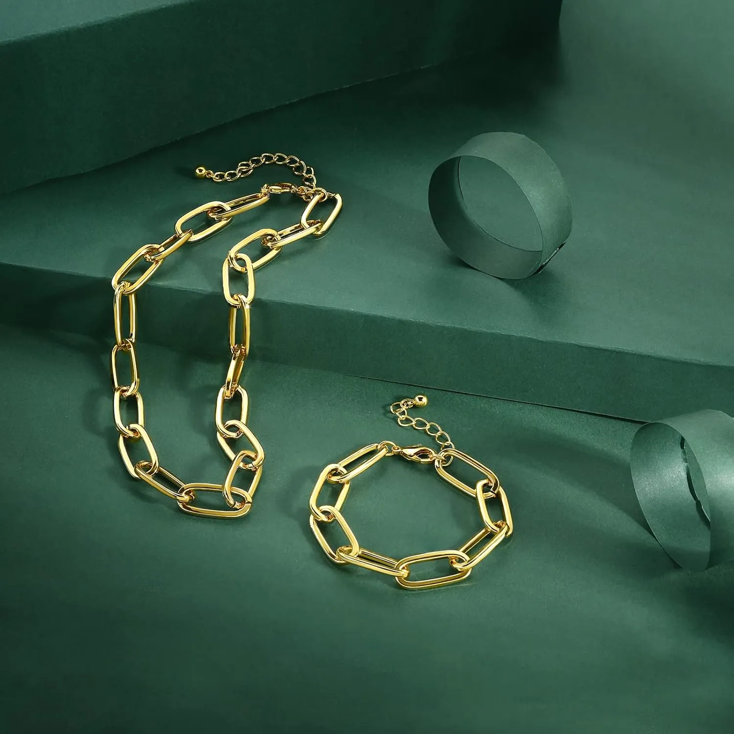 LANE WOODS Gold Chain Necklace and Bracelet for Women Ladies Dainty and Chunky Chain Link Paperclip Jewelry Set