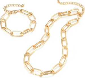LANE WOODS Gold Chain Necklace and Bracelet for Women Ladies Dainty and Chunky Chain Link Paperclip Jewelry Set