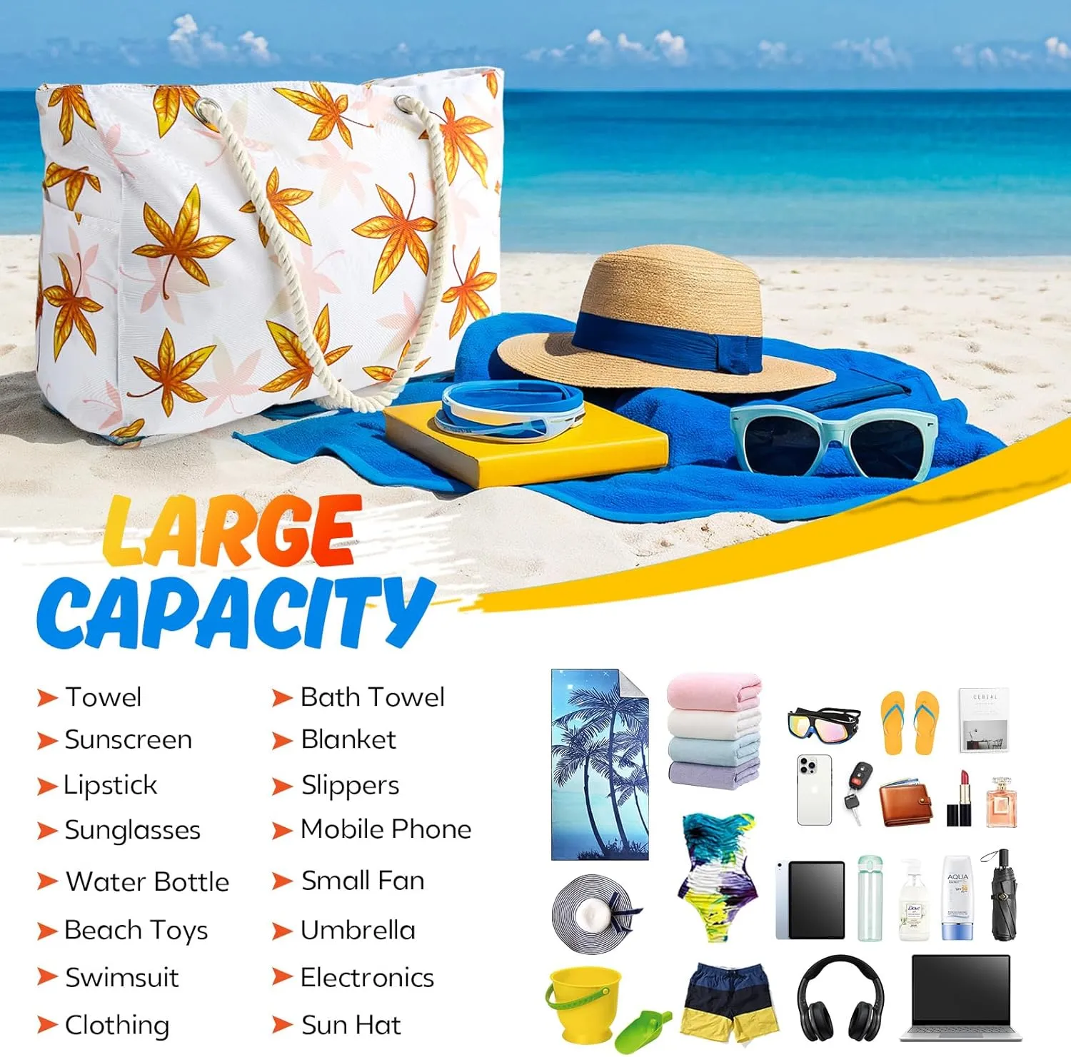 Large Beach Bag for Women & Men, Beach Bags Waterproof Sandproof, Travel Tote Bag, Swim Pool Bag for Family Outdoor