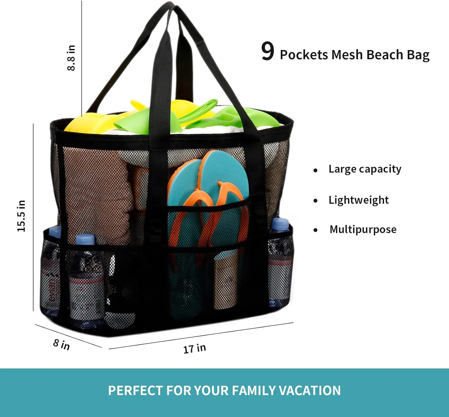 Large Mesh Beach Tote Bags for Sand Toys, Family Travel, Grocery, Reusable Shopping