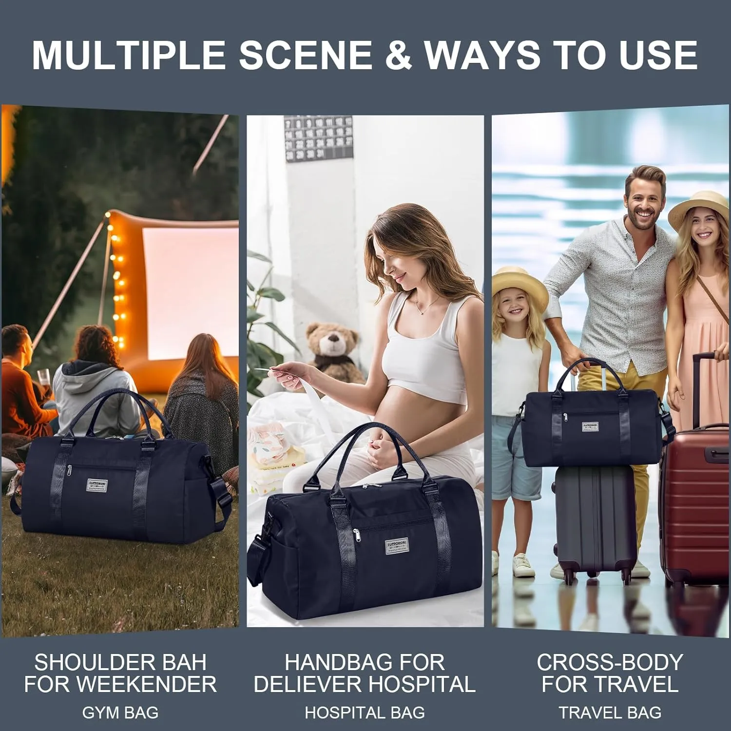 Large Travel Duffel - Sports, Gym & Yoga Bag - Airplane Carry-on with Shoe & Makeup Bags, Overnight Crossbody for Men & Women - Navy Blue