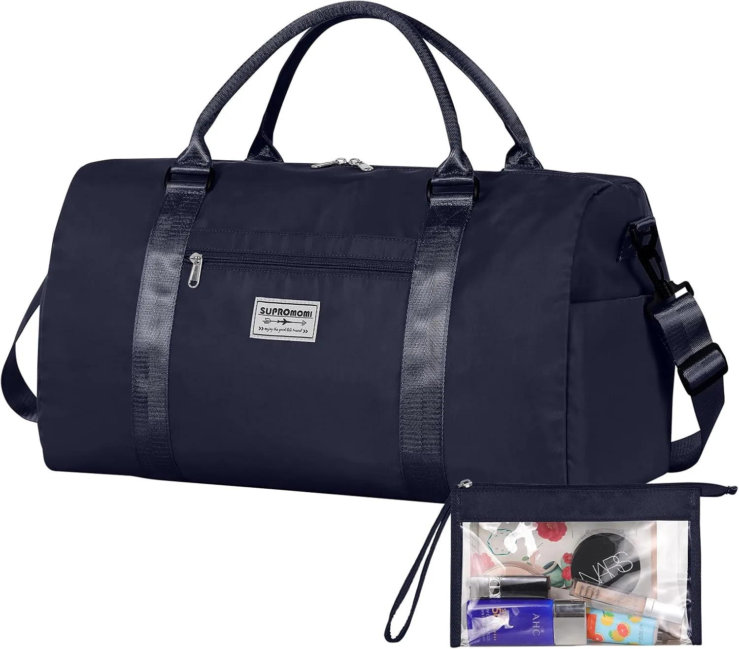 Large Travel Duffel - Sports, Gym & Yoga Bag - Airplane Carry-on with Shoe & Makeup Bags, Overnight Crossbody for Men & Women - Navy Blue