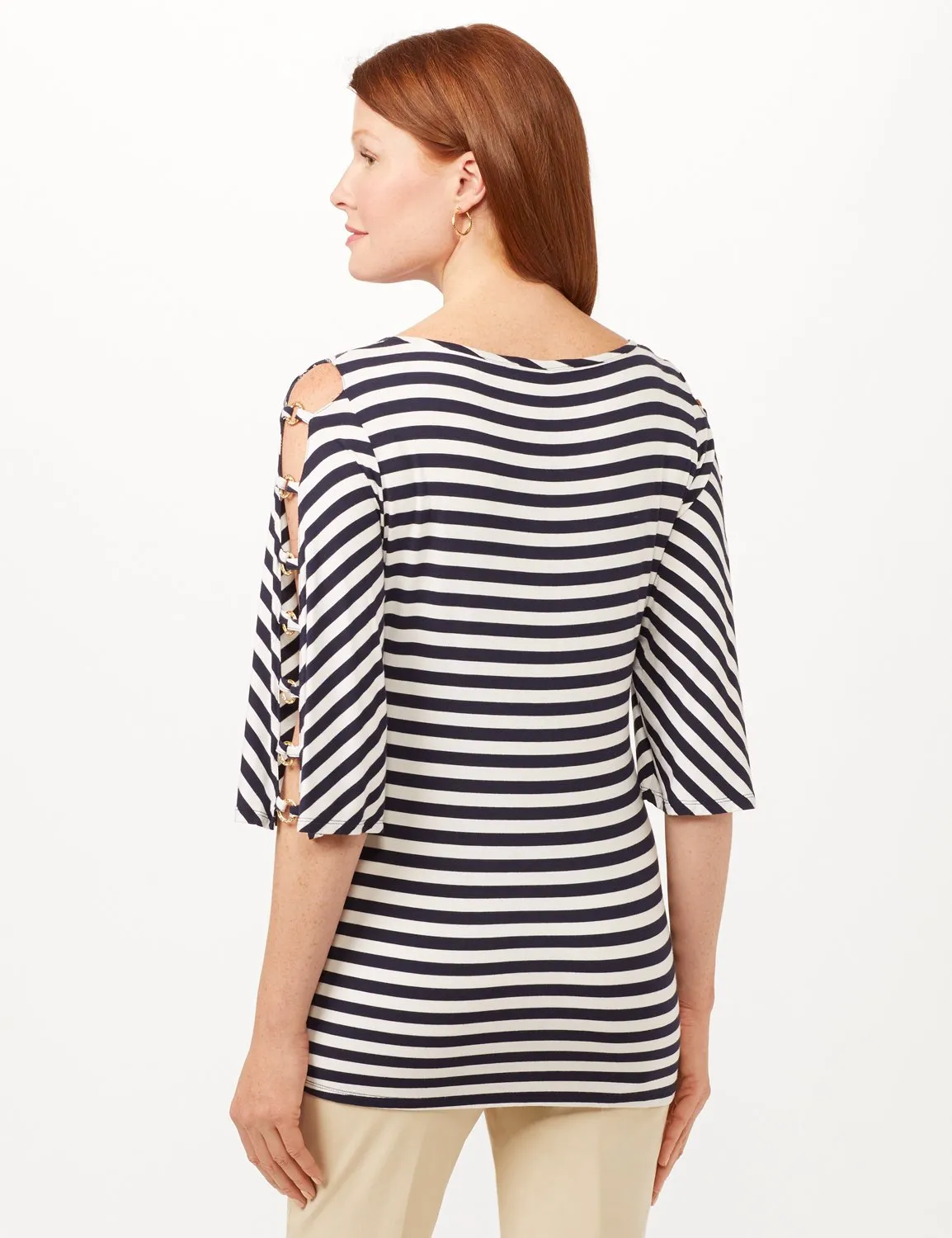 Lattice Sleeve Mitered Stripe Knit Top