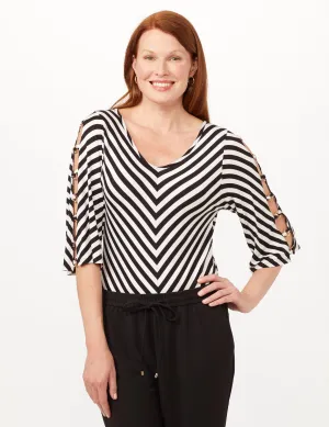 Lattice Sleeve Mitered Stripe Knit Top