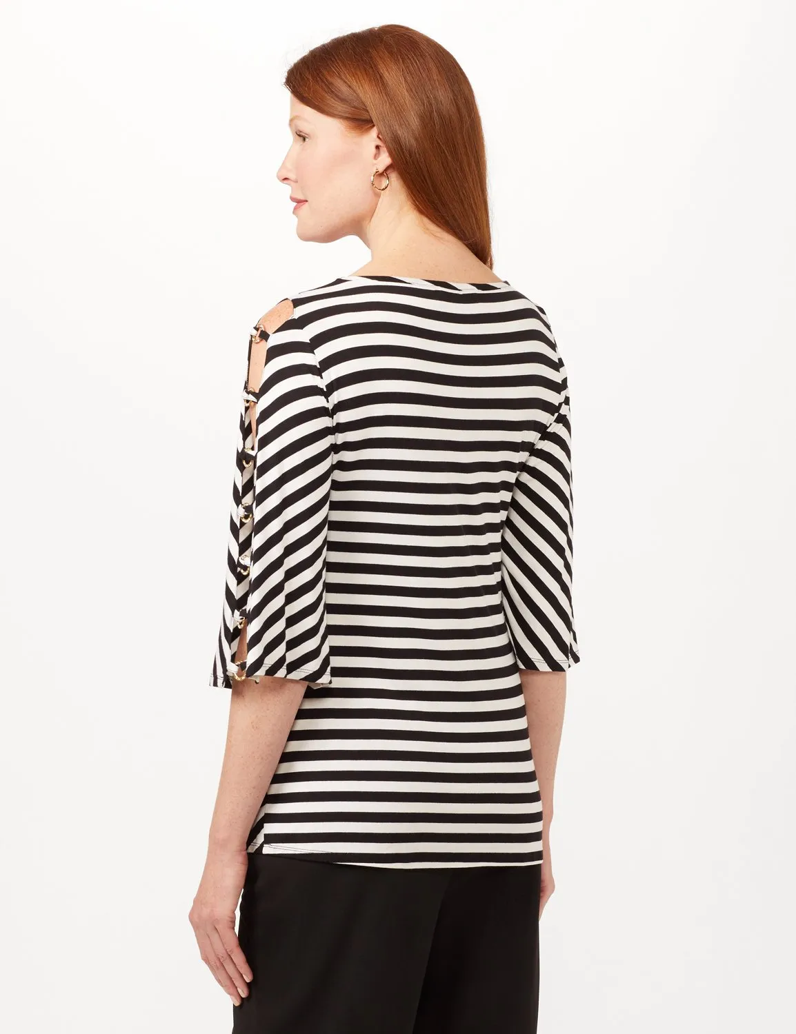 Lattice Sleeve Mitered Stripe Knit Top