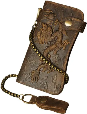 Le'aokuu Mens Genuine Leather Bifold Wallet Organizer Checkbook Iron Chain