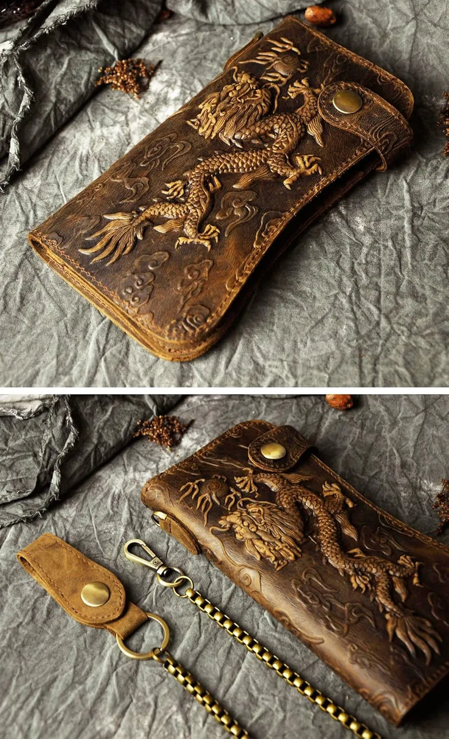Le'aokuu Mens Genuine Leather Bifold Wallet Organizer Checkbook Iron Chain