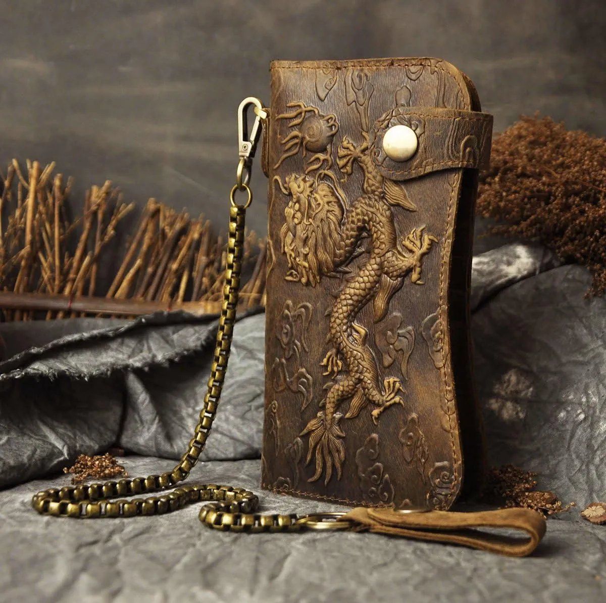Le'aokuu Mens Genuine Leather Bifold Wallet Organizer Checkbook Iron Chain