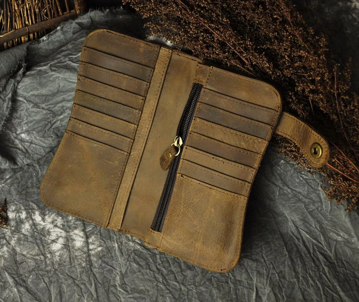 Le'aokuu Mens Genuine Leather Bifold Wallet Organizer Checkbook Iron Chain