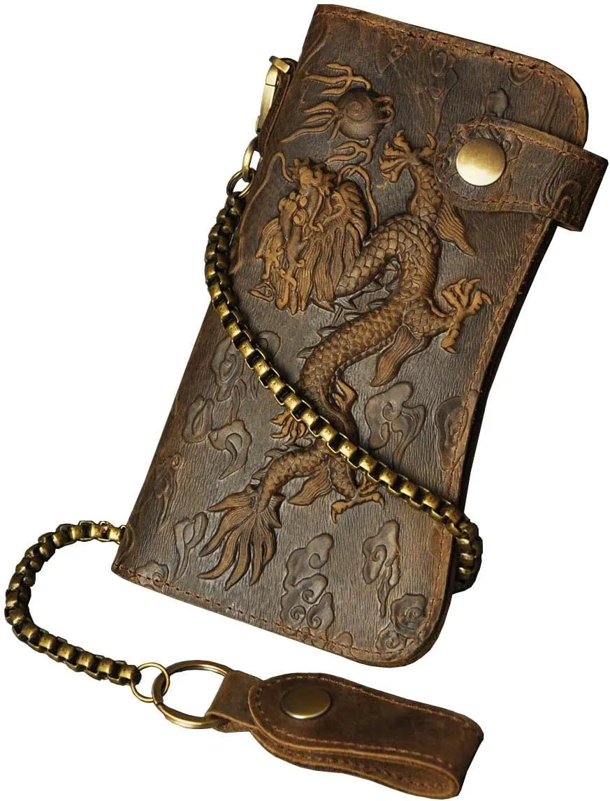 Le'aokuu Mens Genuine Leather Bifold Wallet Organizer Checkbook Iron Chain