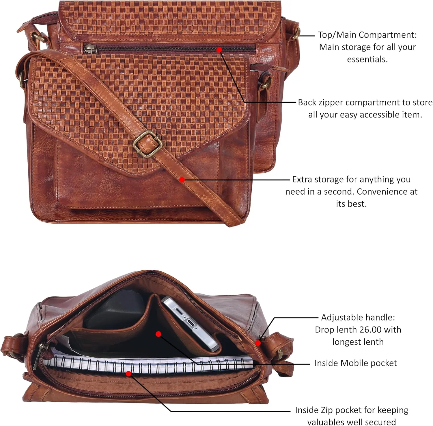 Leather Flapover Crossbody Handbag Purse for Women with Adjustable Strap & Overflap Snap Closure Tote/Bag