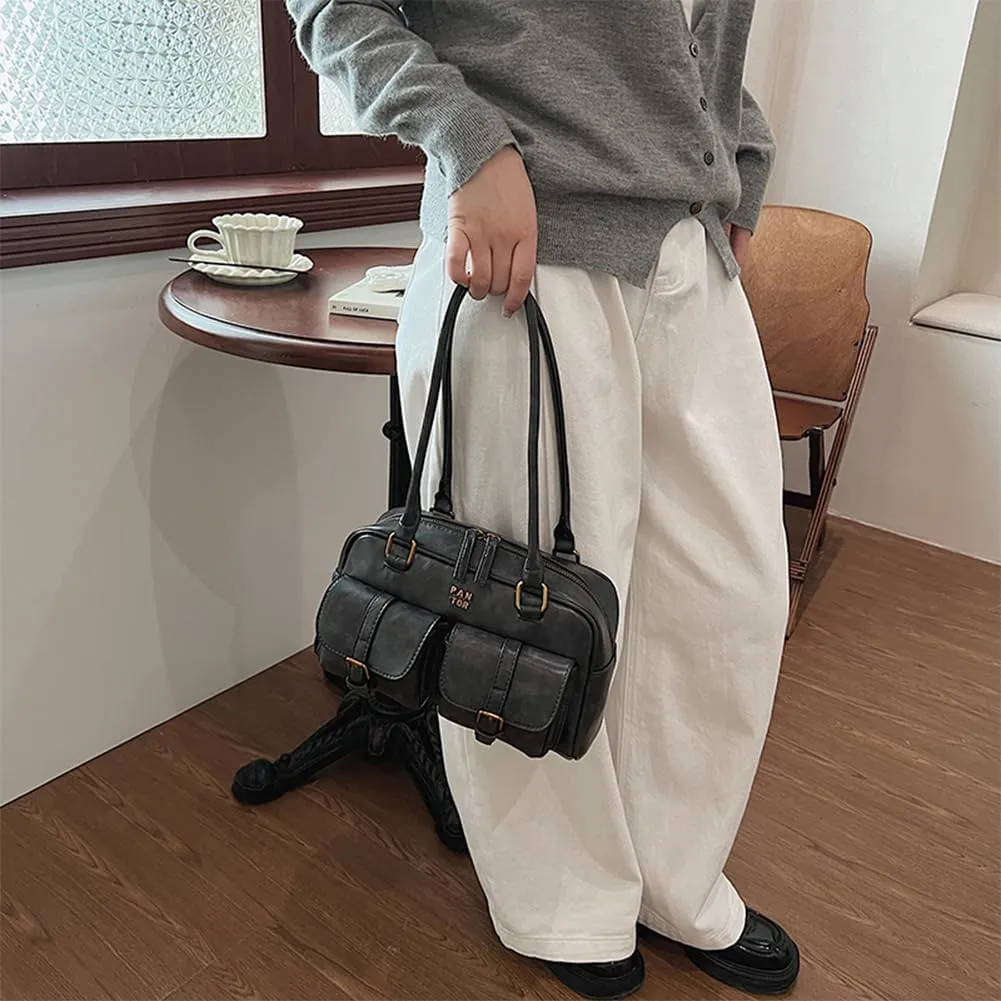Leather Top Handle Bags for Women Top Handle Purse Retro Handbag Multi Pocket Satchel Bag Shoulder Bag Underarm Bag