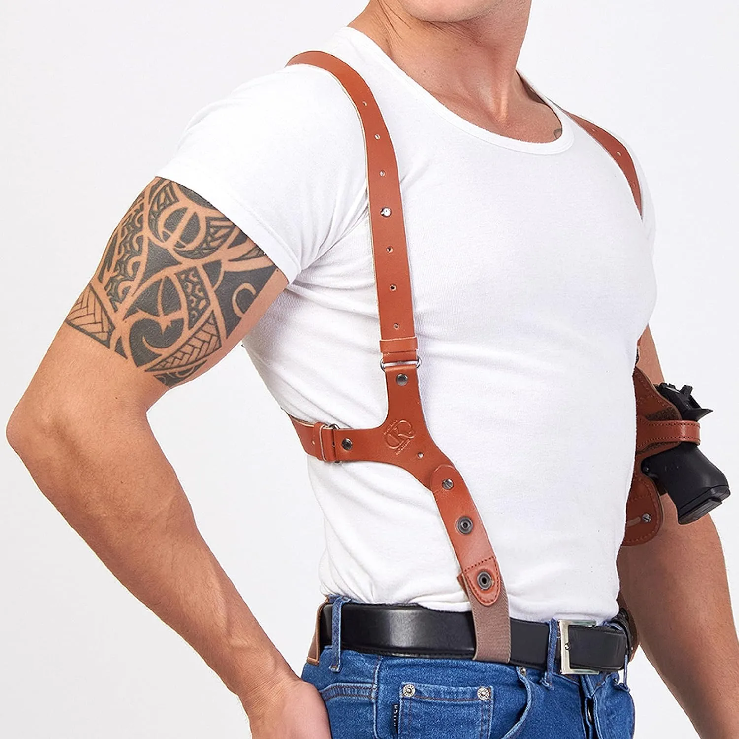 Leather Vertical- Horizontal Shoulder & Belt Holster RH Fits Colt Ruger Springfield Taurus 1911 (3in1) Free Extension for Big Body Size!