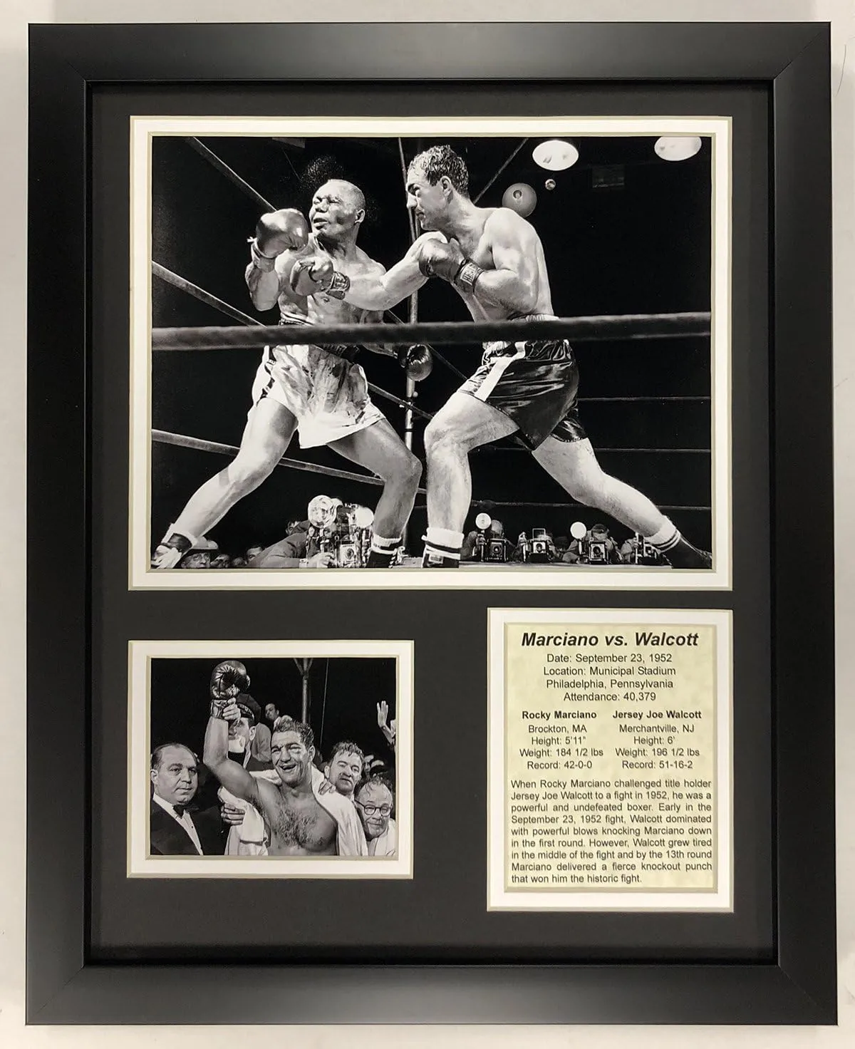 Legends Never Die Rocky Marciano versus Jersey Joe Walcott 1952 Framed Double Matted Photos, 12" x 15"