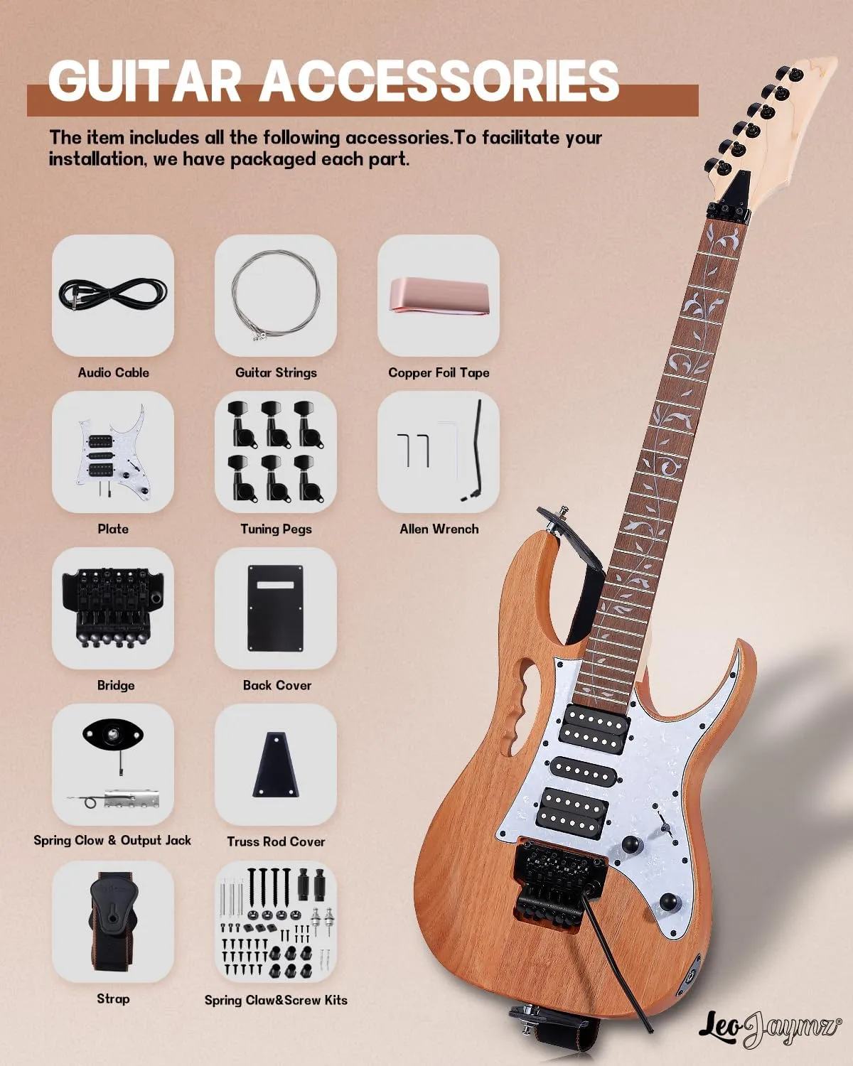 Leo Jaymz DIY Electric Guitar Kits in IBZ Style - Mahogany Body and Maple Neck - All Components Included (7V)