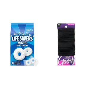 LIFE SAVERS Pep-O-Mint Breath Mint Bulk Hard Candy 44.93 oz Bag and Goody Ouchless Womens Elastic Hair Tie 30 Count Black Hair Accessories
