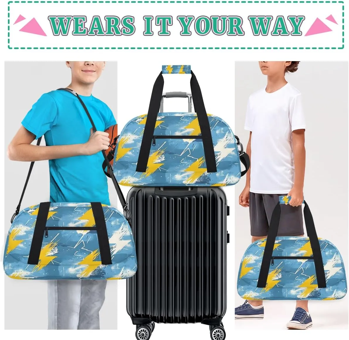 Lightning Kids Overnighter Duffel Bags for Boys, Carry-On Size Sports Gym Bag with Front Zipper Pocket for School Practice or Overnight Travel Weekender Sleepover Tote Bag