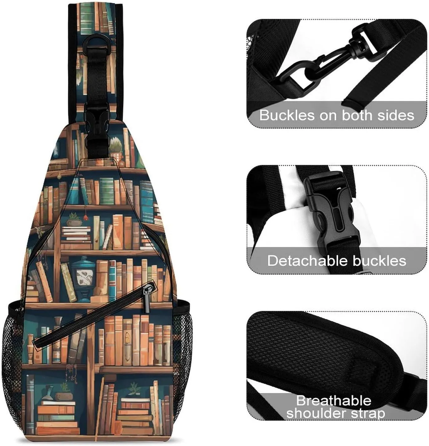 Lightweight Chest Bag Crossbody Bag Cartoon Bookshelf Bookworm Sling Backpack for Women Men Sports Travel