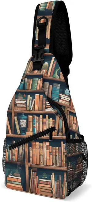 Lightweight Chest Bag Crossbody Bag Cartoon Bookshelf Bookworm Sling Backpack for Women Men Sports Travel