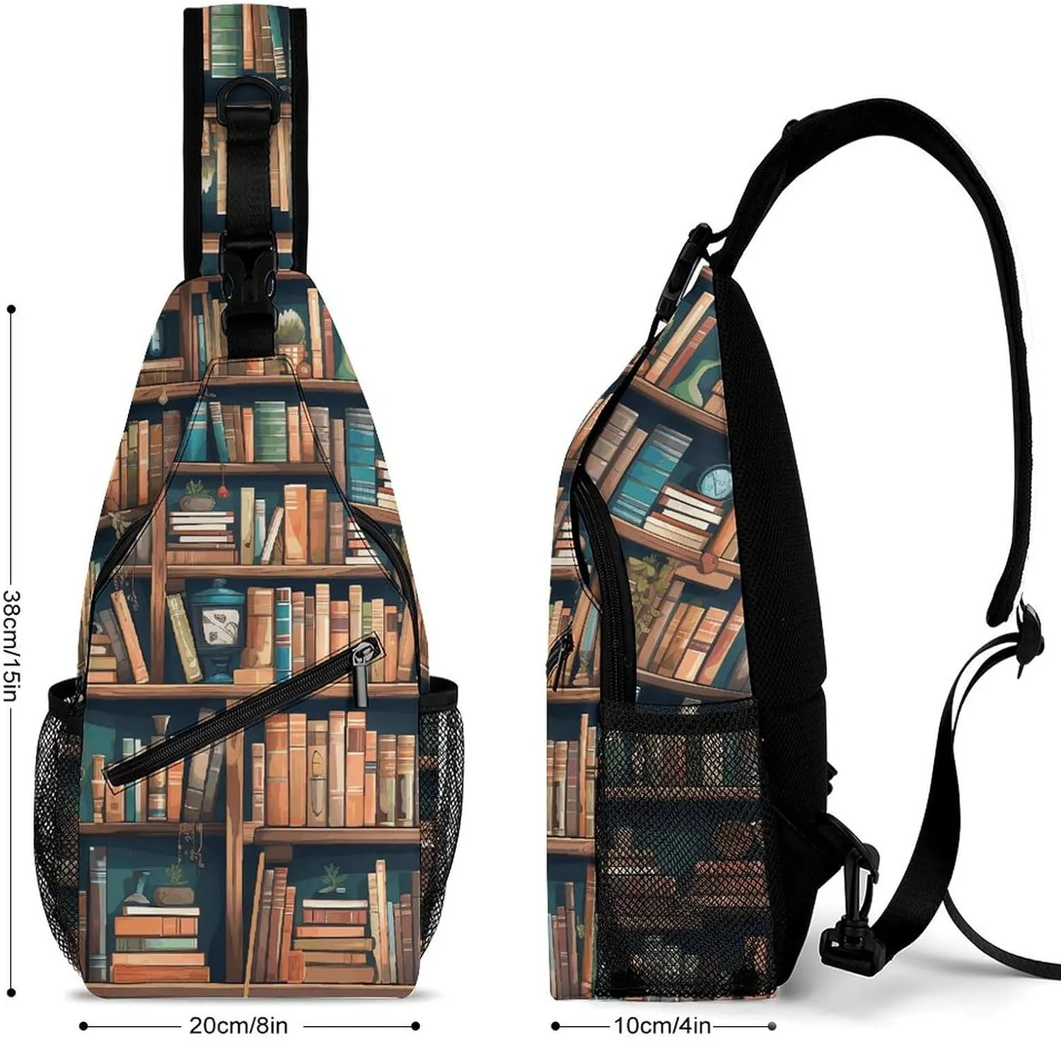 Lightweight Chest Bag Crossbody Bag Cartoon Bookshelf Bookworm Sling Backpack for Women Men Sports Travel