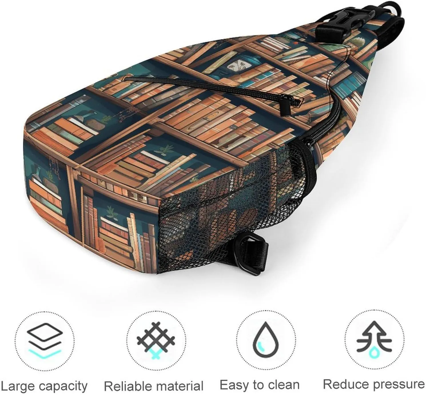 Lightweight Chest Bag Crossbody Bag Cartoon Bookshelf Bookworm Sling Backpack for Women Men Sports Travel
