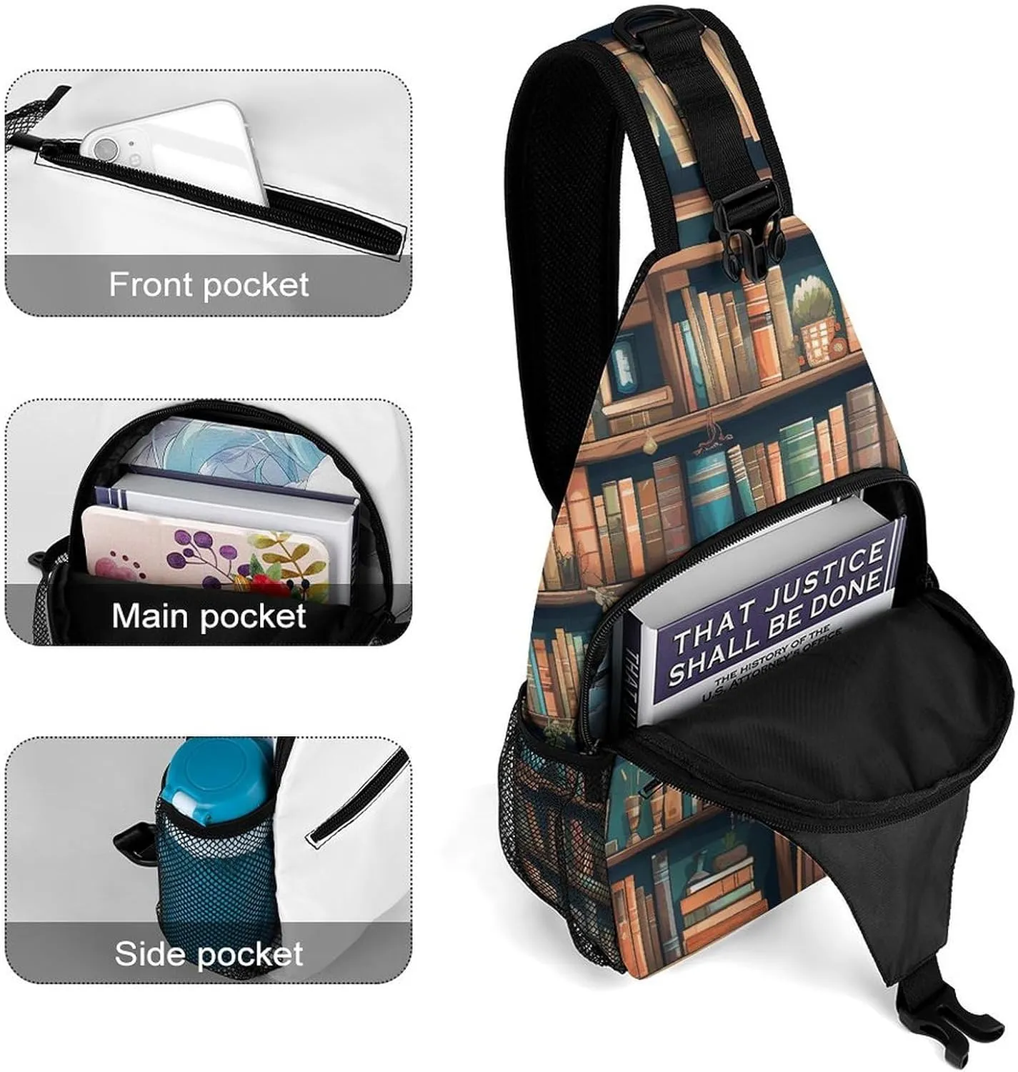 Lightweight Chest Bag Crossbody Bag Cartoon Bookshelf Bookworm Sling Backpack for Women Men Sports Travel