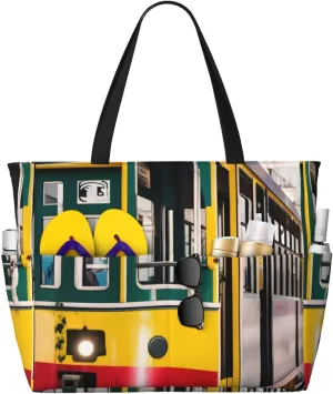 lisbon tram Print Foldable Lightweight Family Beach Bag for Men Women Beach Tote Bag Portable Gym Bag