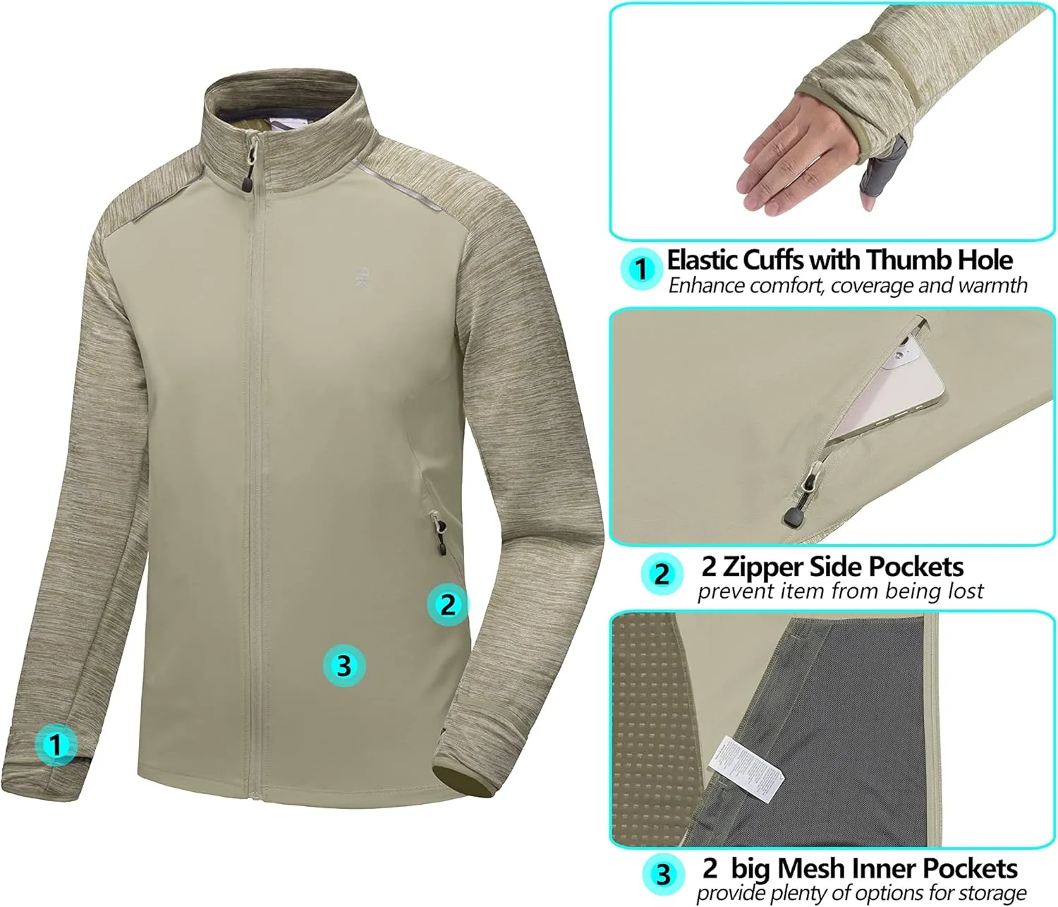 Little Donkey Andy Men's Quick Dry Warm Lightweight Running Jacket Full Zip Thermal Hybrid Thumbholes Golf Track Jacket