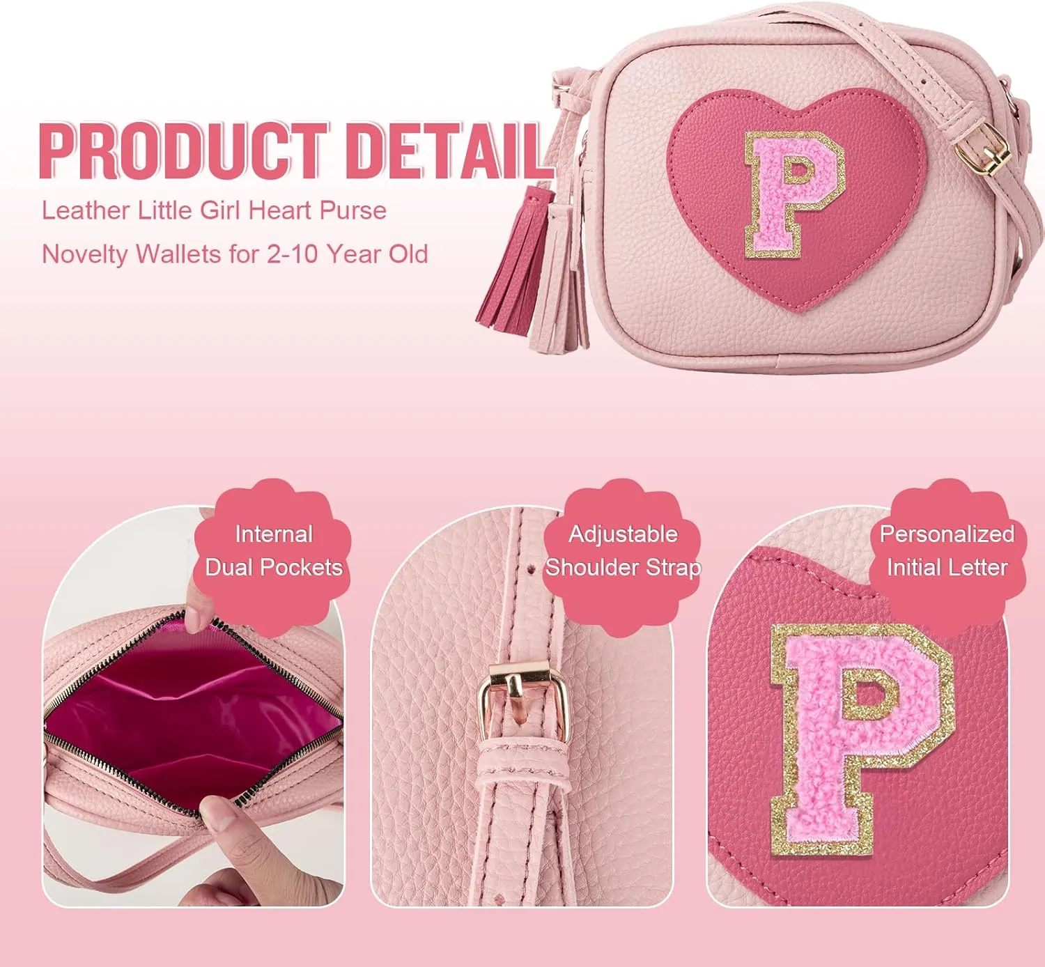 Little Girl Heart Purse, Toddler Kids Crossbody Bag with Tassel, Personalized Initial Purse Gifts for Teens Daughter Sister