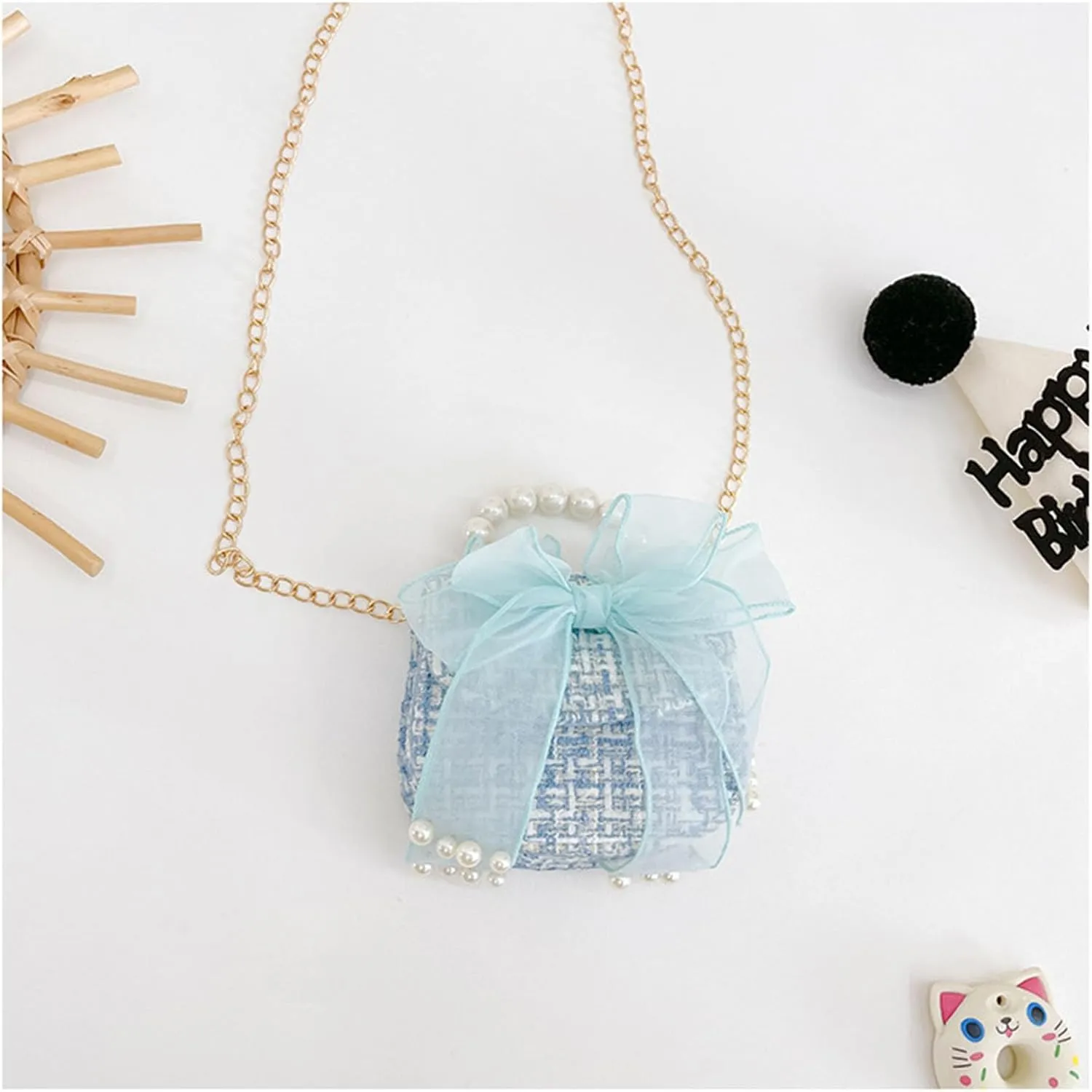 Little Girls Purse,Cute Bowknot Crossbody Handbag Shoulder Bag with Pearl Handle, Detachable Gold Chain
