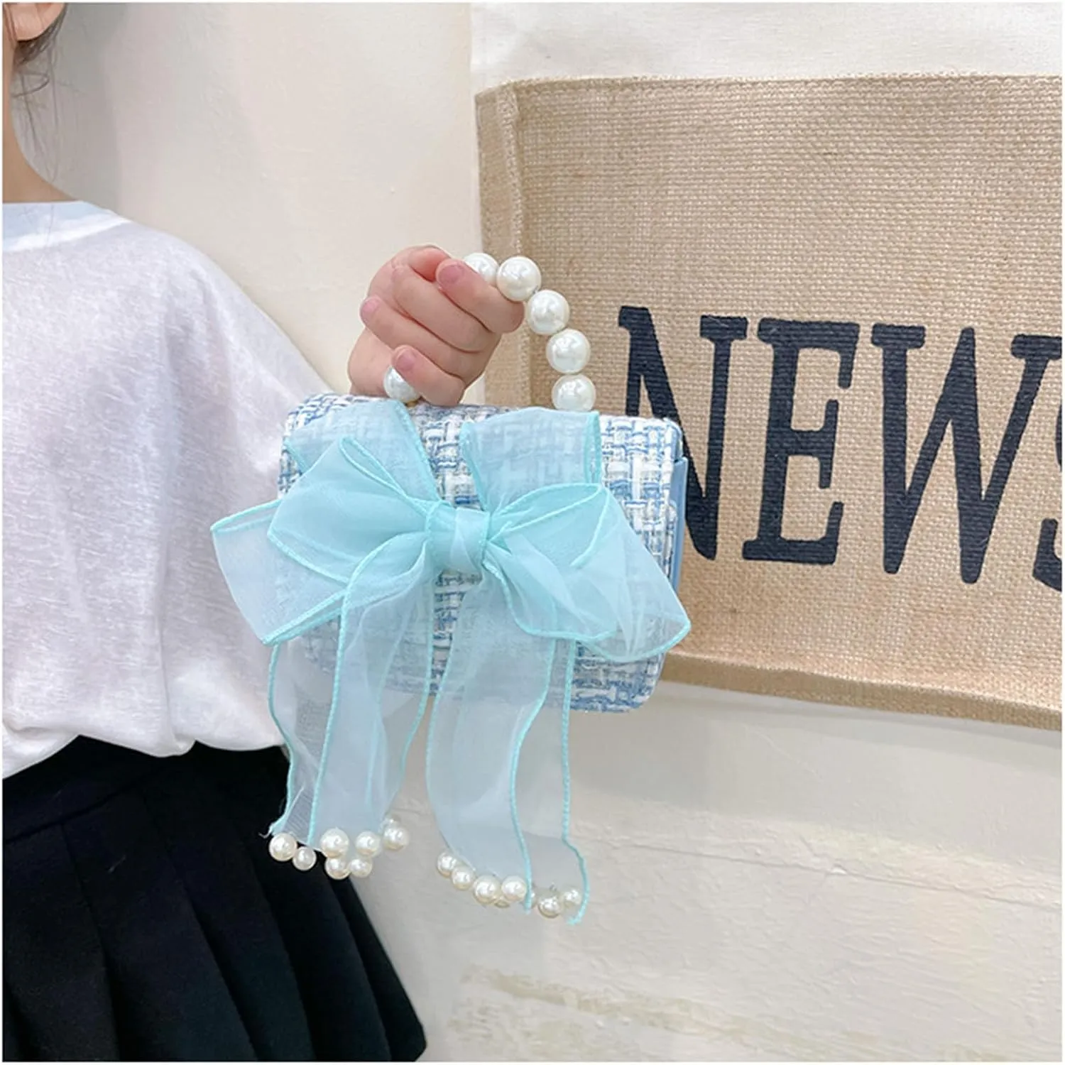 Little Girls Purse,Cute Bowknot Crossbody Handbag Shoulder Bag with Pearl Handle, Detachable Gold Chain