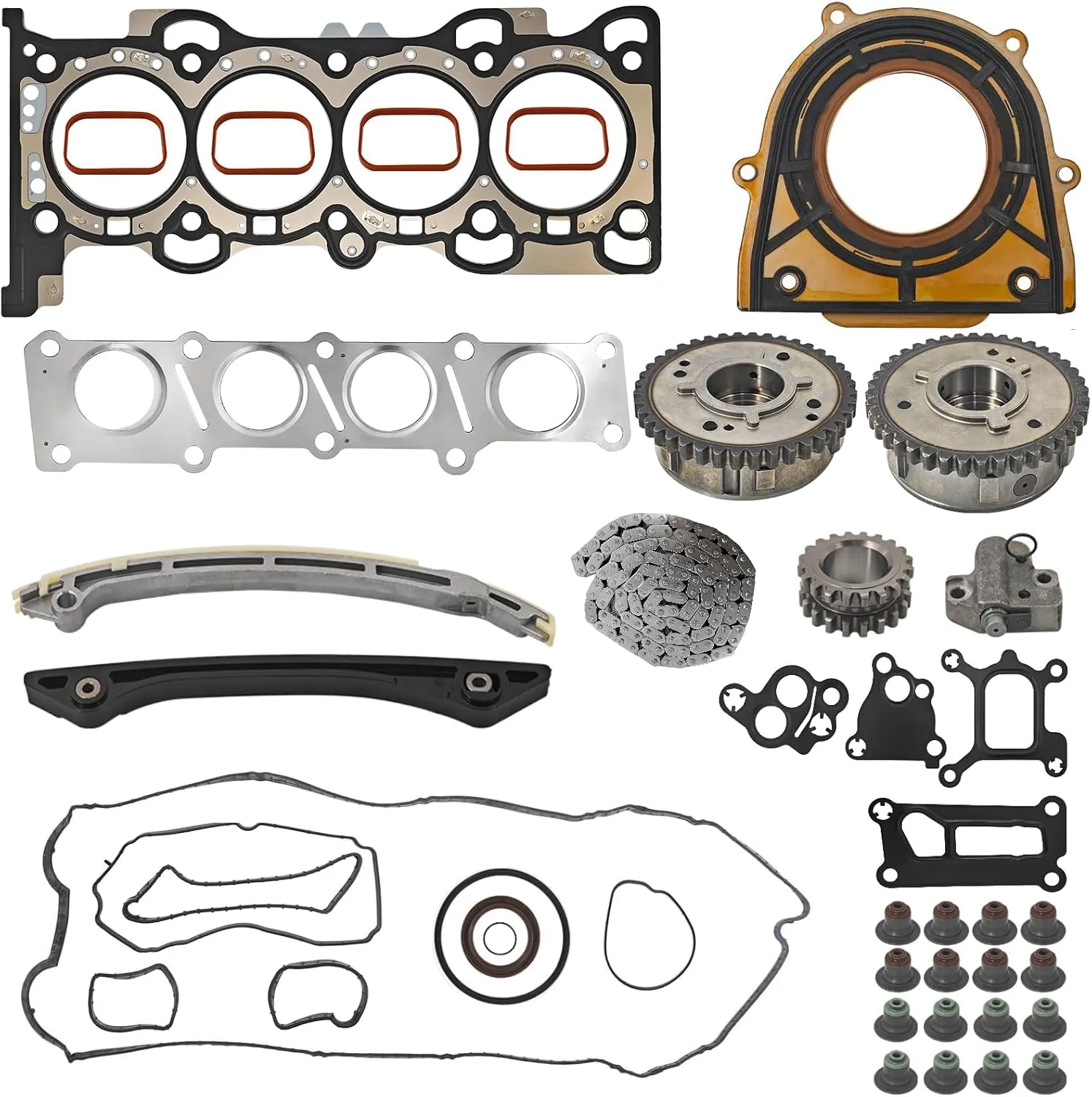 LR025263 Timing Chain Kit with VVT Gear and Gasket Kit for Land Rover Range Rover Evoque 2.0L 2011-2018, Discovery Sport 2.0L 2014-2018 and Freelander MK2 2011-2014, LR025264 LR025664 LR024975