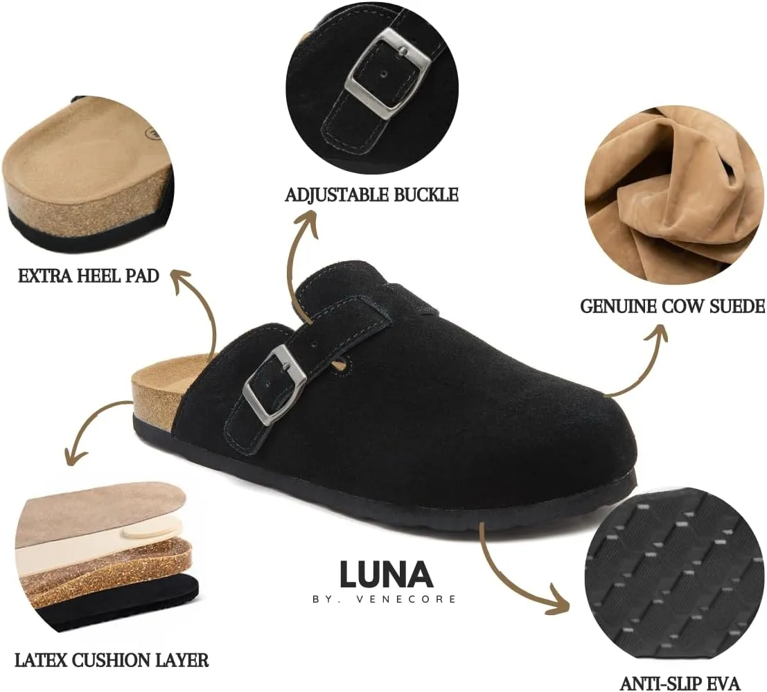 Luna Women's Suede Clogs Leather Mules Cork Footbed Sandals Potato Shoes with Arch Support