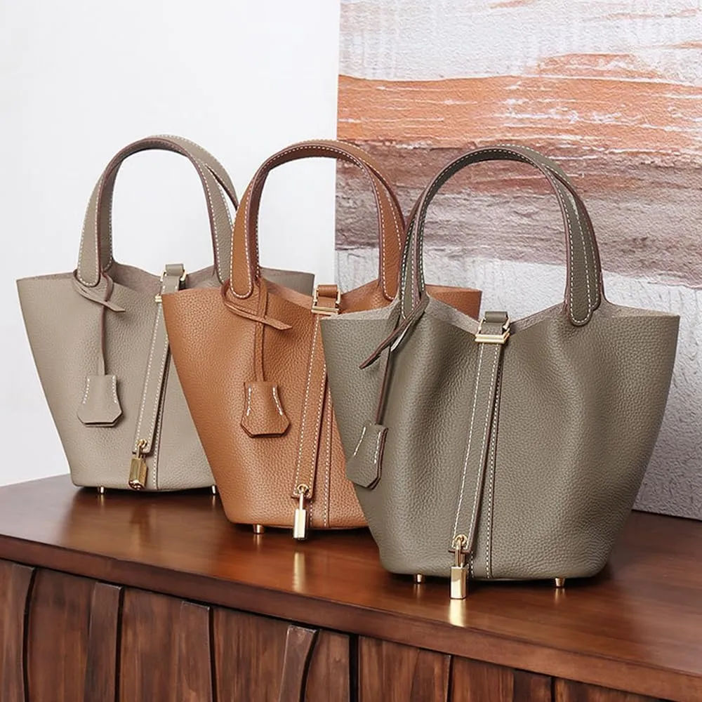 Luxury Genuine Leather Bucket Bag with Lock Closure Elegant Shoulder Bag for Women Versatile Crossbody Purse for Work Travel