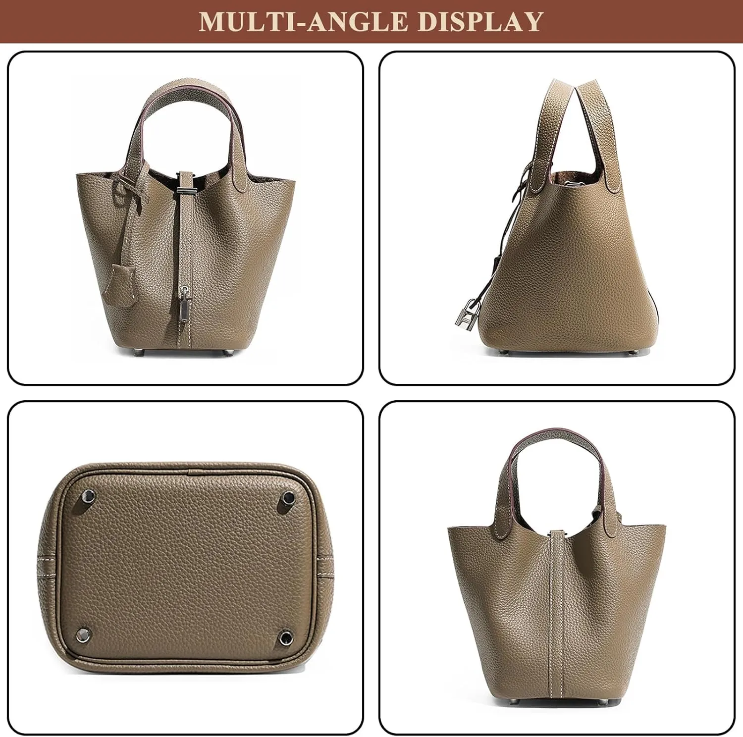 Luxury Genuine Leather Bucket Bag with Lock Closure Elegant Shoulder Bag for Women Versatile Crossbody Purse for Work Travel