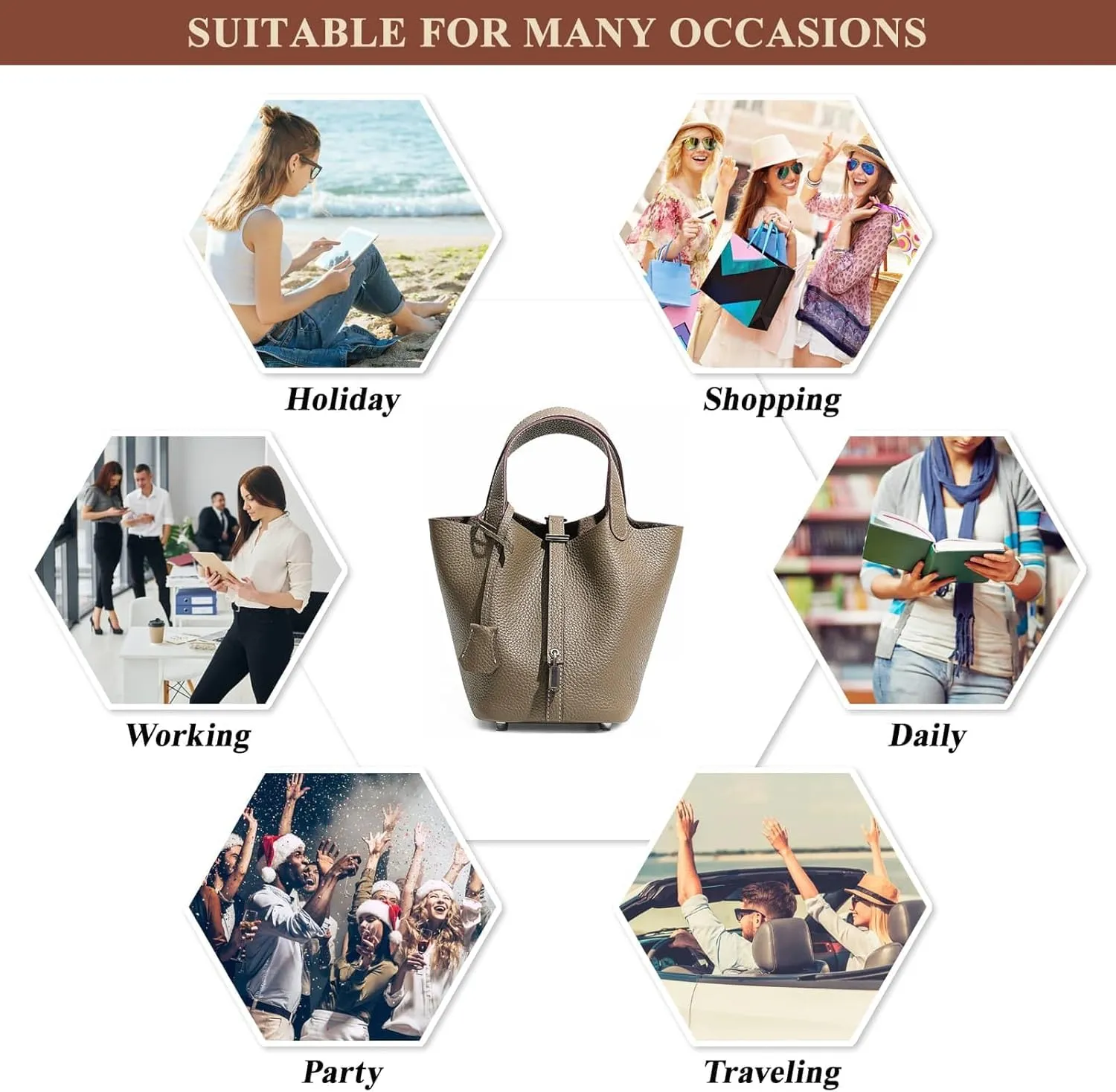 Luxury Genuine Leather Bucket Bag with Lock Closure Elegant Shoulder Bag for Women Versatile Crossbody Purse for Work Travel