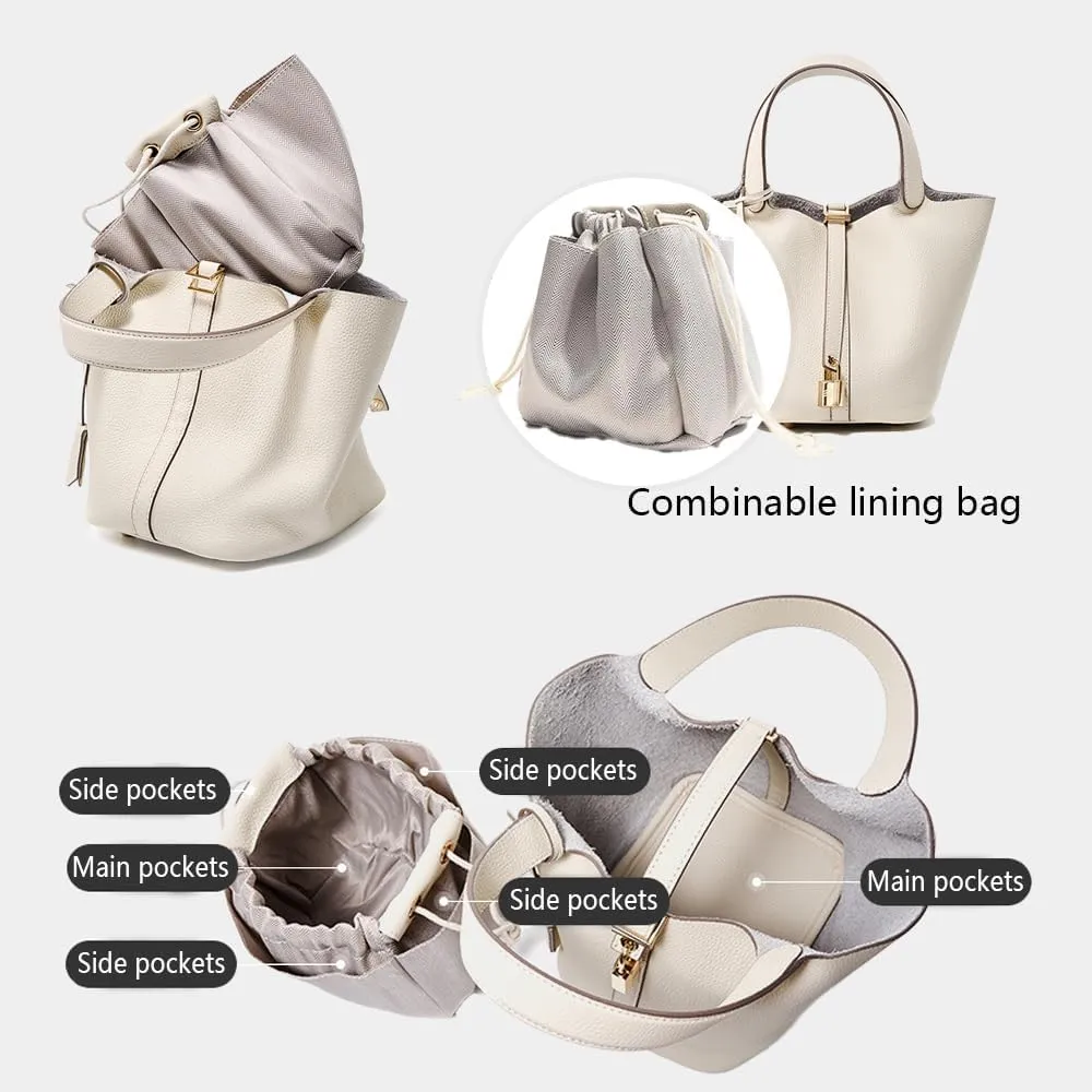 Luxury Genuine Leather Bucket Bag with Lock Closure Elegant Shoulder Bag for Women Versatile Crossbody Purse for Work Travel